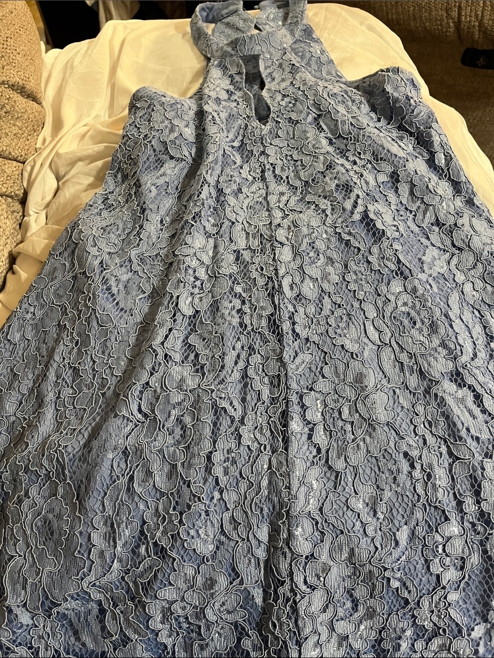 Francesca's Collections Dusty Blue Lace Halter Prom Dress